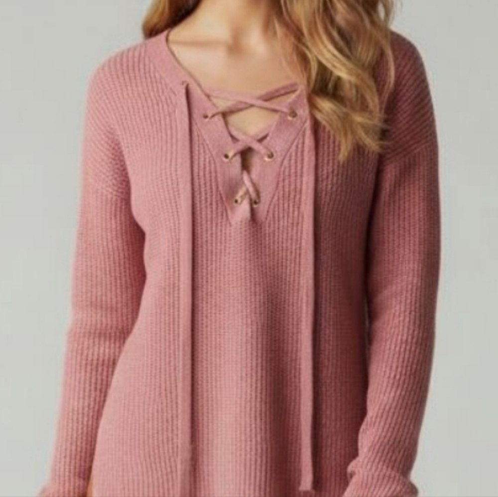 Guess Women's V-Neck Lace-Up Sweater in Mauve Size Large